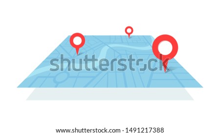 City street map plan with GPS place pins and navigation route from A to B point markers. Vector blue color perspective view isometric illustration location schema