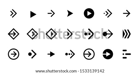 Swipe arrow right black button icon set. Application and social network scroll cursor pictogram for web design or app. Vector navigation next direction pointer ui interface collection eps illustration