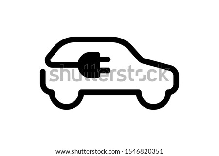 Electric car icon. Electrical automobile cable contour and plug charging black symbol. Eco friendly electro auto vehicle concept. Vector electricity illustration