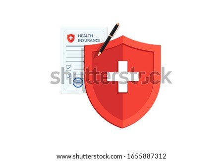 Medical healthcare insurance concept. Red shield on patient protection policy and pen. Vector medicine flat symbol illustration