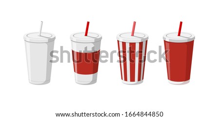 Disposable paper beverage cup templates set for soda with drinking straw. 3d blank white big red striped cardboard soft drinks packaging collection vector flat illustation