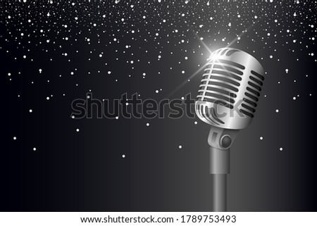 Retro vintage metal microphone on stand on black background with glare and lights. Mic with flare. Music, voice, record icon. Recording studio symbol. Realistic silver style vector eps illustration