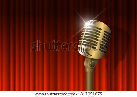 Gold vintage microphone illuminated and red curtain background. Retro music concept. Mic on empty theatre stage. Stand up comedy night show. Karaoke party vector eps art illustration