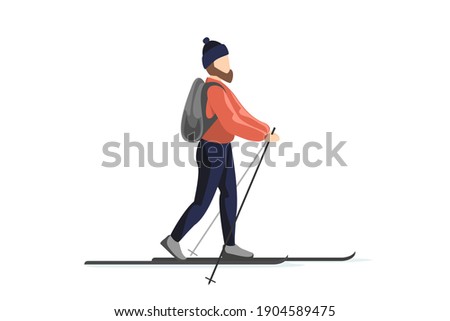 Skier in winter clothes and hat with backpack is skiing. Man training walk on skis. Holiday recreation ski sport activity vector isolated illustration