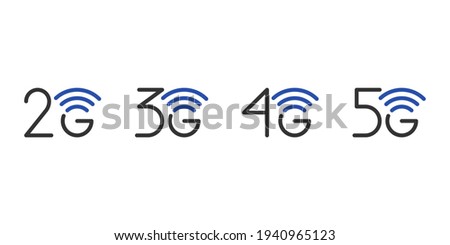 2G 3G 4G 5G network connection business symbol set. 5th generation and lower wireless internet technology icons. Vector communication emblem blue design template isolated