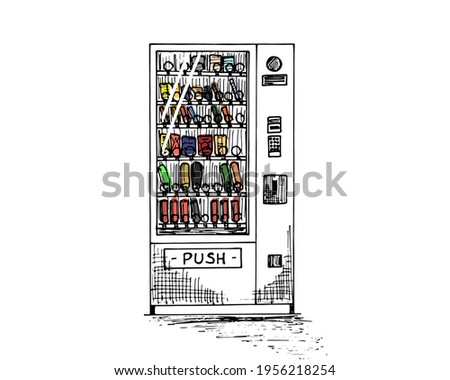 Vending machine with colored beverage bottles and cans hand drawn sketch. Automatic snack and drink sale machinery front view. Black and white vector isolated illustration