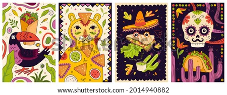 Mexican fast food promo poster design set. Mexico cuisine banner burrito. Latin American dish placard nachos or nacho and sauces. Restaurant or eatery advertising flyers quesadilla and tacos or taco