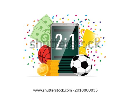 Online sports betting mobile app banner design template. Smartphone with scoreboard on screen and soccer basketball balls and trophy award cup and winner dollar coins. Bookmaker promo advertising. EPS