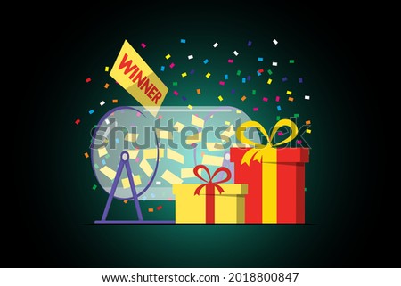 Prize raffle rotating drum with lottery tickets and lucky winner gift boxes on dark background. Online random draw promotional design concept. Gambling vector eps illustration