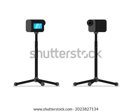 Action camera on monopod stand front and back view set. Mobile HD 4K camcorder on rack. Video blogger equipment stationary holder. Professional stable vlogger device. Vector isolated illustration