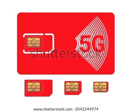 Mobile phone red sim card with standard, micro and nano EMV chip design template. 5G GSM plastic symbol mockup on white background vector eps isolated illustration