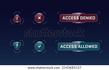 HUD digital futuristic user interface access allowed and denied button set. Question and exclamation mark sci fi high tech signs. Gaming menu security infographic design elements. Cyber space protect