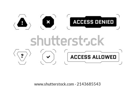 HUD digital futuristic user interface access allowed and denied button set. Question and exclamation mark sci fi high tech signs. Gaming menu security permit and denial infographic eps design elements Foto d'archivio © 