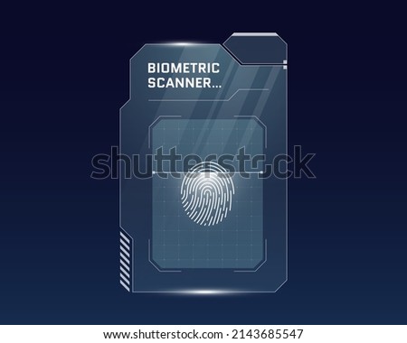HUD digital futuristic user interface finger scan panel. Sci Fi high tech protection glowing screen. Gaming menu biometric id touching dashboard. Vector cyber space fingerprint scanning identification