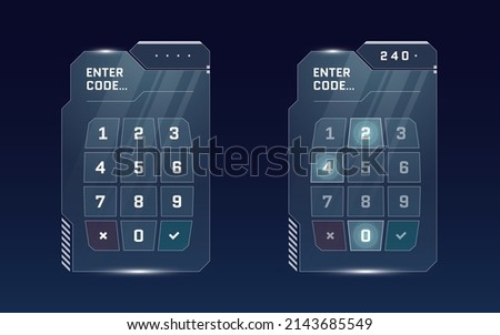 HUD digital futuristic user interface PIN code entry panel set. Sci Fi high tech protection glowing screen concept. Gaming menu number touching dashboard. Cyber space keypad vector eps illustration