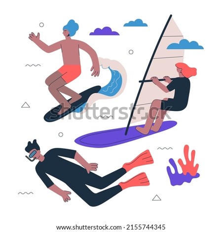 Water extreme sport set. Young person surfer with windsurfer and snorkel freediver. Surfing on wave and diving underwater. Men on surfboard and freediving. Hipster female windsurfing watersport vector