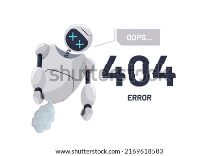 Website page not found error 404. Robot character broken. Chatbot mascot disabled. Site on technical work web design template. Cartoon online bot crash accident. Robotic assistance failure. Vector eps