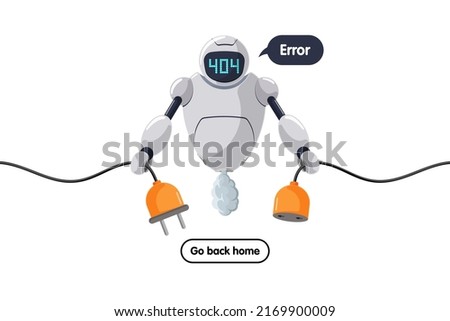 Website page not found. Wrong URL address error 404. Broken robot character keeps socket off. Site crash on technical work. Web design template with chatbot mascot. Online bot assistance failure. Eps