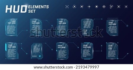 HUD futuristic style callout titles on blue background. Infographic call arrow box bars and modern digital info vertical frame layout templates. Hi-tech interface FUI and GUI element set. Vector eps