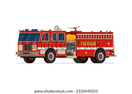 Fire engine truck isometric side front view. Firetruck car with alarm siren, water tank and hose. Firefighter red vehicle. Fireman emergency rescue transport. Firefighting lorry flat vector eps
