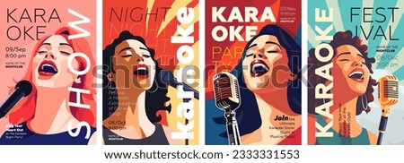 Karaoke party show poster set. Music night club festival drawing art prints. Woman sing song into mic. Musical event artwork placard template with singing people. Trendy typography cover vector design