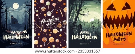 Happy Halloween party poster set. Drawing placards with old mansion, graveyard, candies and scary pumpkin. Art cover horror night. October 31 holiday evening promotional artwork. Typography eps print