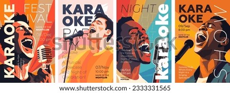 Karaoke party show poster set. Music night club festival drawing art prints. Man sing song into mic. Musical event artwork placard template with singing people. Trendy typography banner vector design