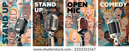 Stand up comedy show poster set. Open mic night funny event flyer or placard template collection. Drawing artworks retro microphone with laughing people. Typography banner design. Vector illustration