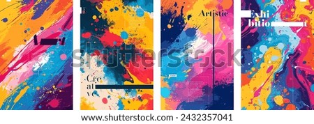 Abstract artistic poster. Colorful watercolor paint splashes and strokes creative placard. Design art grunge painting print concept. Bright color graphic spots textures exhibition banner. Vector eps