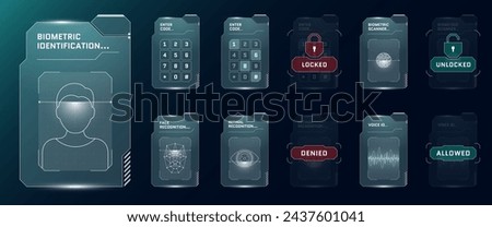 Biometric ID HUD elements. User face voice recognition GUI FUI digital interface. Person security verification code entry panel. Human identity scanner and touching dashboard. Protection screen. Eps