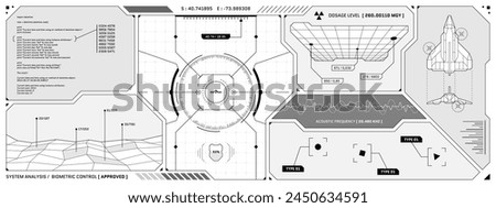 VR HUD futuristic control panel. Technology head up display target and UI command center screen. GUI digital virtual reality interface hi tech visor template. FUI Sci Fi starship cockpit eps dashboard