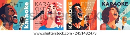 Karaoke party show square banner set. Music night club festival drawing art prints. People sing song into mic. Musical event flyer template with singing person. Trendy typography banner vector design