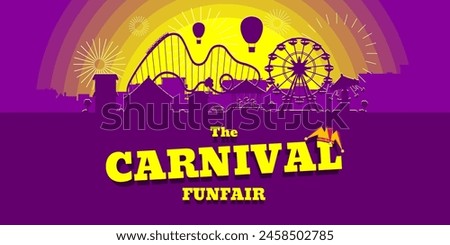 Carnival funfair horizontal banner. Amusement park with circus, carousels, roller coaster, attractions on sunset city backdrop. Fun fair landscape with fireworks. Ferris wheel and merry-go-round fest