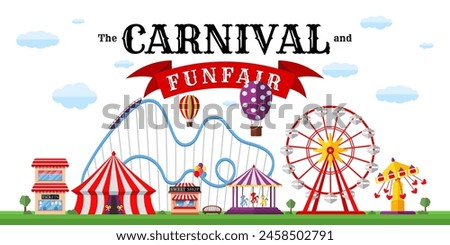 Carnival funfair horizontal banner. Amusement park with circus, carousels, roller coaster, attractions on white backdrop. Festive theme design template. Fun fair festival poster. Vector illustration