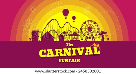 Carnival funfair horizontal banner. Amusement park with circus, carousels, roller coaster, attractions on sunset background. Fun fair landscape with fireworks. Ferris wheel and merry-go-round festival