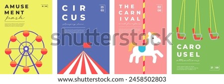 Amusement park festive minimal trendy poster set. Ferris wheel and circus on print. Carnival funfair carousel minimalistic creative design banner. Fun fair festival simple flat eps modern placard