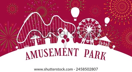 Amusement park circus, carousels, roller coaster, attractions silhouette on fireworks sparkles rays background. Carnival funfair horizontal banner with firework on red sky. Fun fair festival eps card