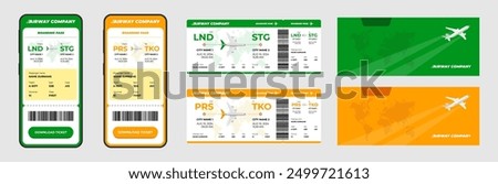 Airline flight ticket and airplane boarding pass design. Passenger name and flight details. Online flight travel booking mobile app on screen. Business plane journey airways company eticket document