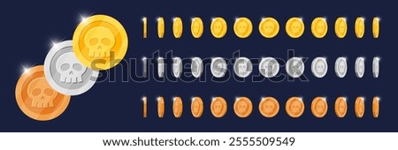 Rotating gold, silver and bronze coins animated in different directions for game app. Metal token with skull symbol various angles spinning. Moving metallic achievement icon. Flat 3D currency effect