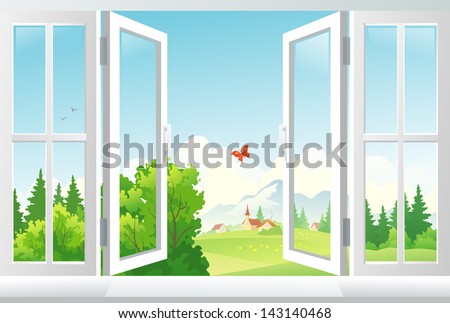 Vector illustration: open window with a landscape view