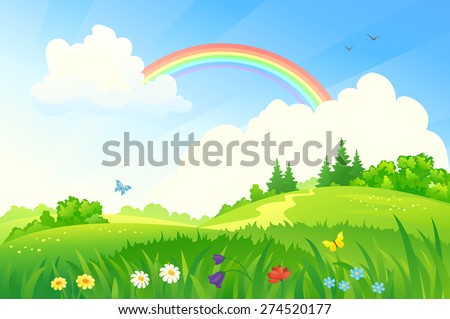 Vector illustration of a beautiful summer landscape with a rainbow