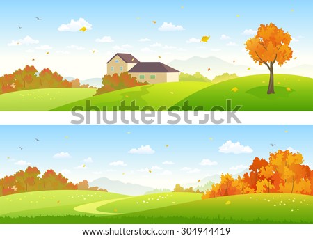 Vector illustration of beautiful fall panoramic landscapes with a house and woods