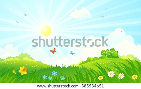 Vector cartoon illustration of a beautiful spring sunny meadow