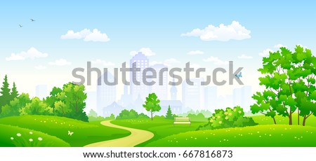 Vector illustration of a beautiful summer city park, panoramic banner