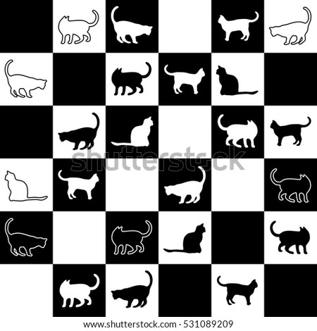 Seamless Pattern Of Black And White Silhouettes Of Cats On A Background 