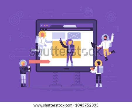 Vector illustration in flat linear style - app development concept - small people austronauts in space suits  bulidng code and design for mobile phone - start up metaphor