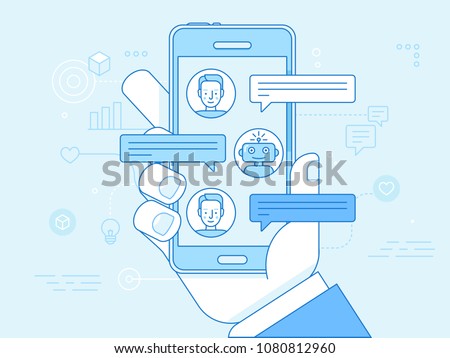 Vector flat linear illustration in blue colors - chatbot concept - virtual assistant and online support