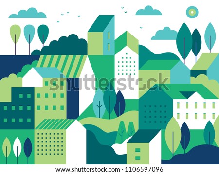 Vector illustration in simple minimal geometric flat style - city landscape with buildings, hills and trees - abstract background for header images for websites, banners, covers