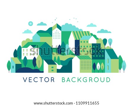 Vector illustration in simple minimal geometric flat style - city landscape with buildings, hills and trees - abstract background for header images for websites, banners, covers