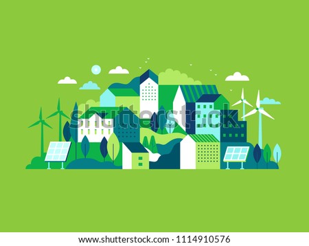 Vector illustration in simple minimal geometric flat style - city landscape with buildings, hills and trees with solar panels and wind turbines  - eco and green energy concept - abstract background 